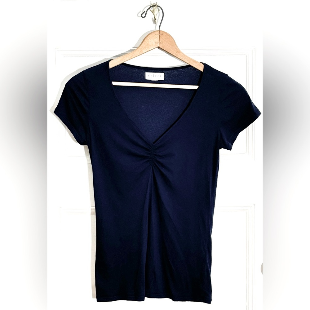 Navy Cap Sleeve Top with Ruching